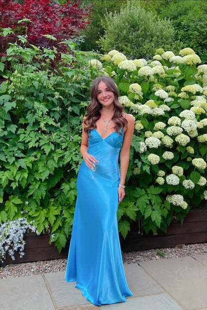 Beaded Purple Soft Satin Sheath Long Dress