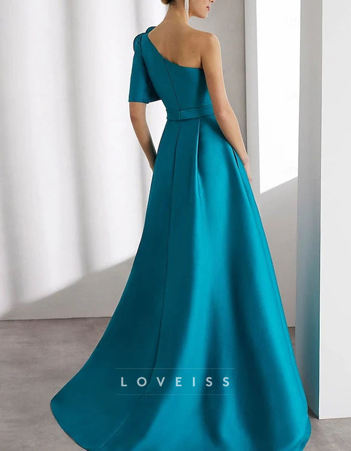 Teal One-Shoulder Floor-Length Satin Maxi Dress