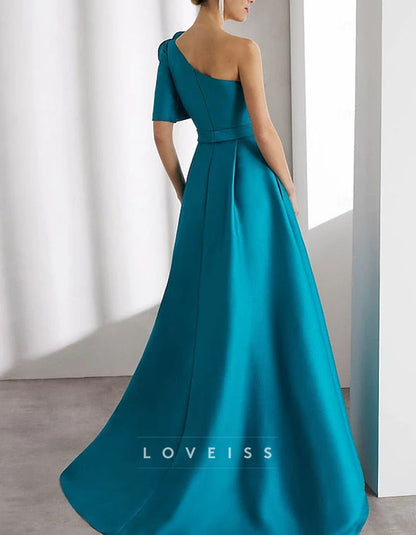 Teal One-Shoulder Floor-Length Satin Maxi Dress
