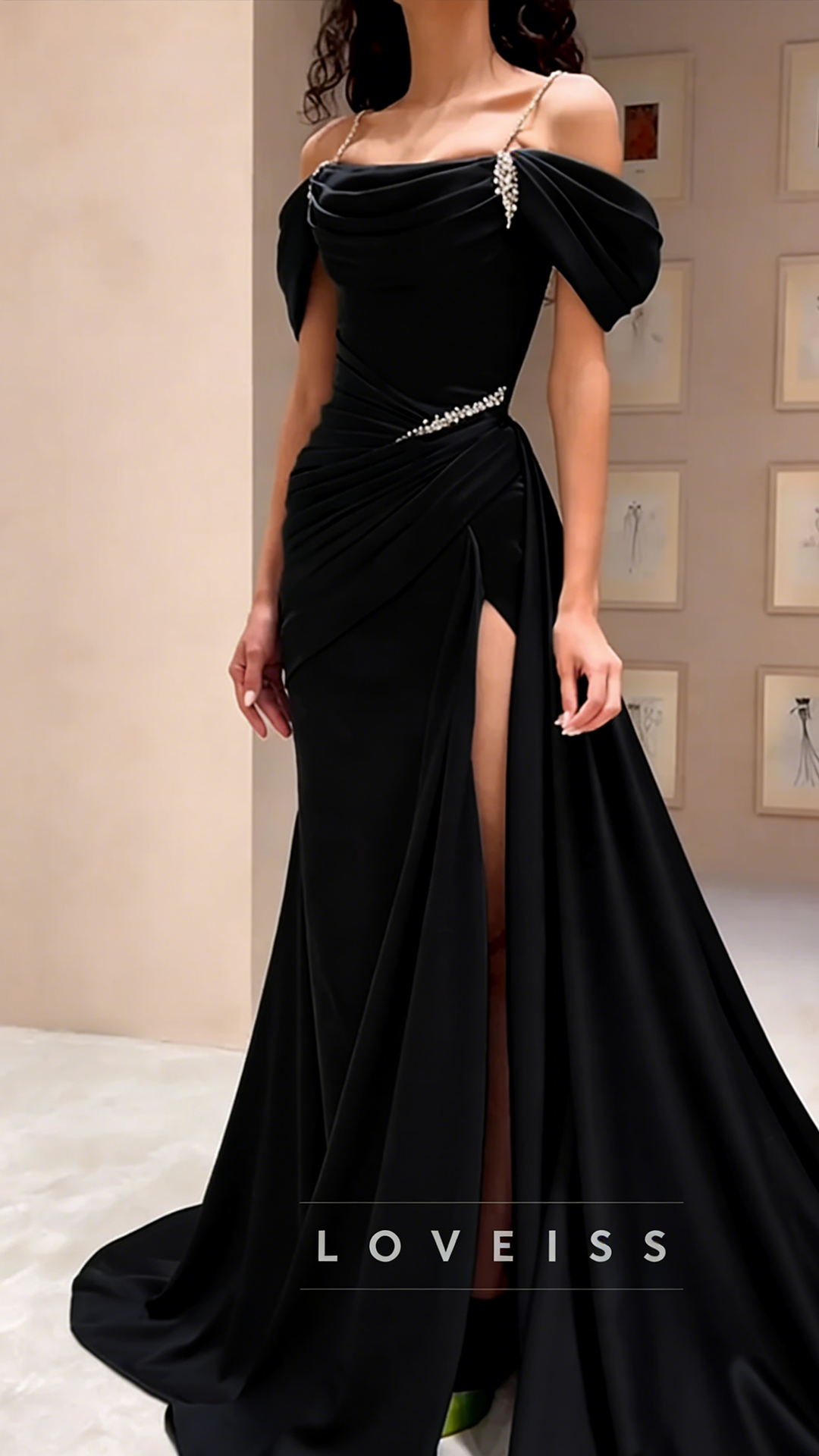 Off-Shoulder Strapless Pleated High Slit Sheath Prom Dress