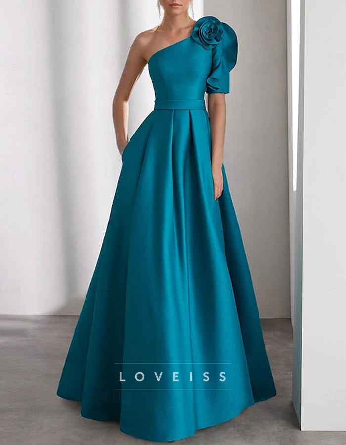 Teal One-Shoulder Floor-Length Satin Maxi Dress