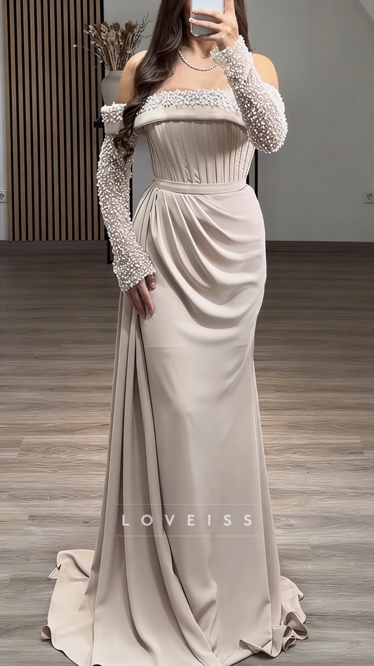 Off-Shoulder Long Sleeves Beaded Mermaid Evening Dress