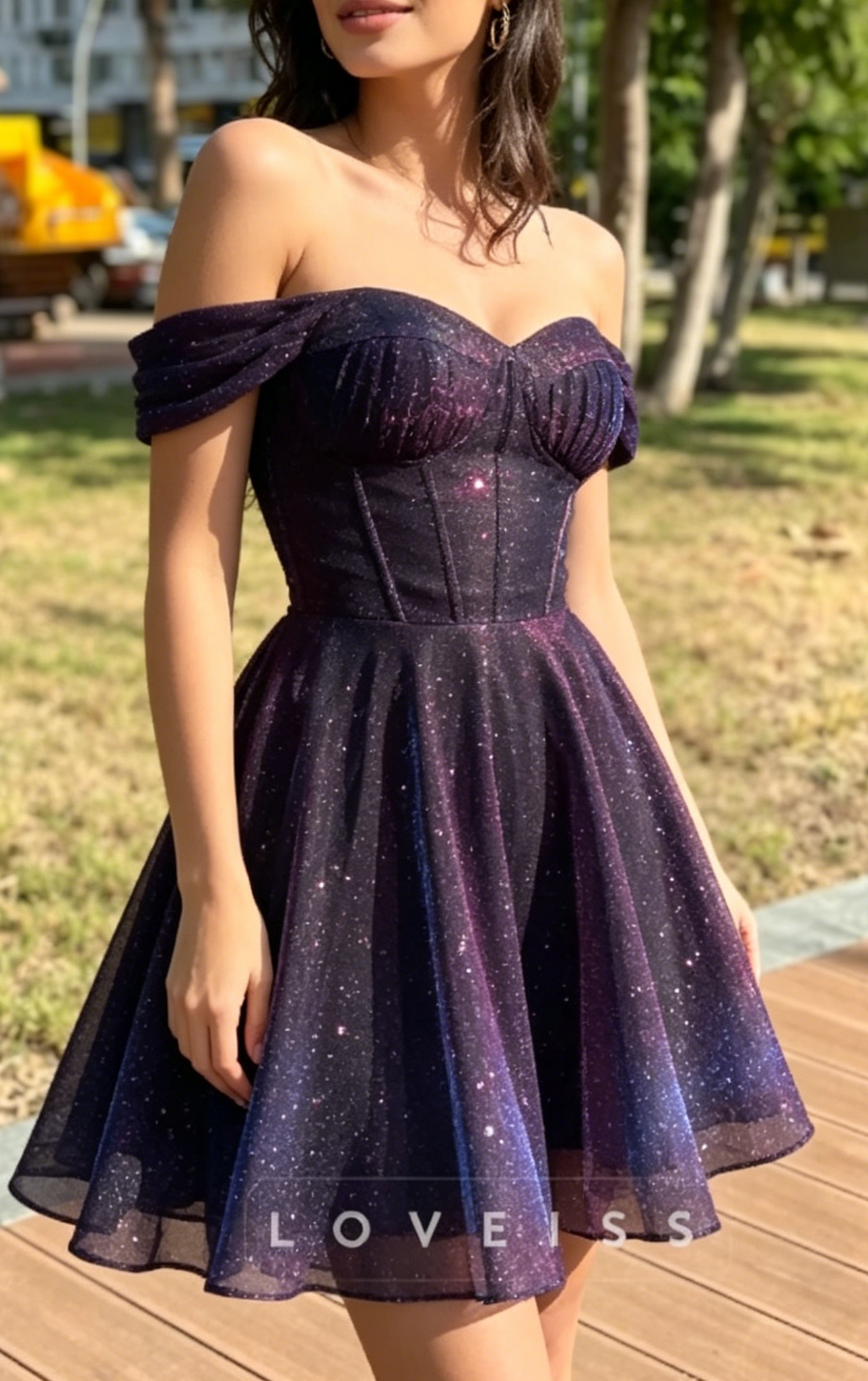 Glitter Corset Off-the-Shoulder A-Line Short Prom Dress