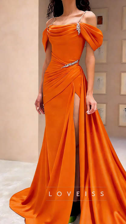 Off-Shoulder Strapless Pleated High Slit Sheath Prom Dress