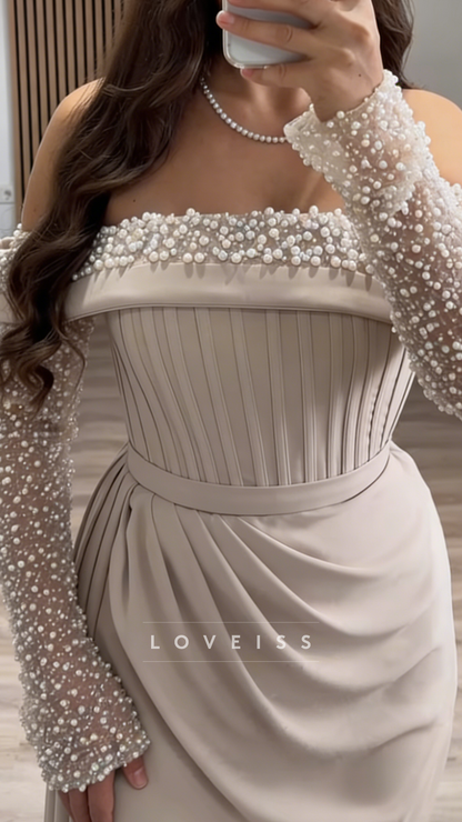 Off-Shoulder Long Sleeves Beaded Mermaid Evening Dress