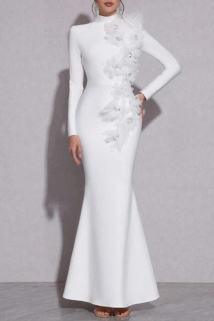 3D Rhinestone Flower Decor Mock Neck Slim Fit Party Maxi Dresses-White