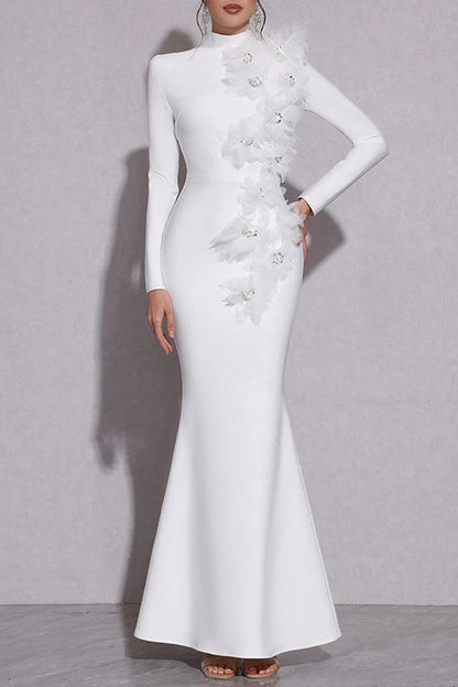 3D Rhinestone Flower Decor Mock Neck Slim Fit Party Maxi Dresses-White