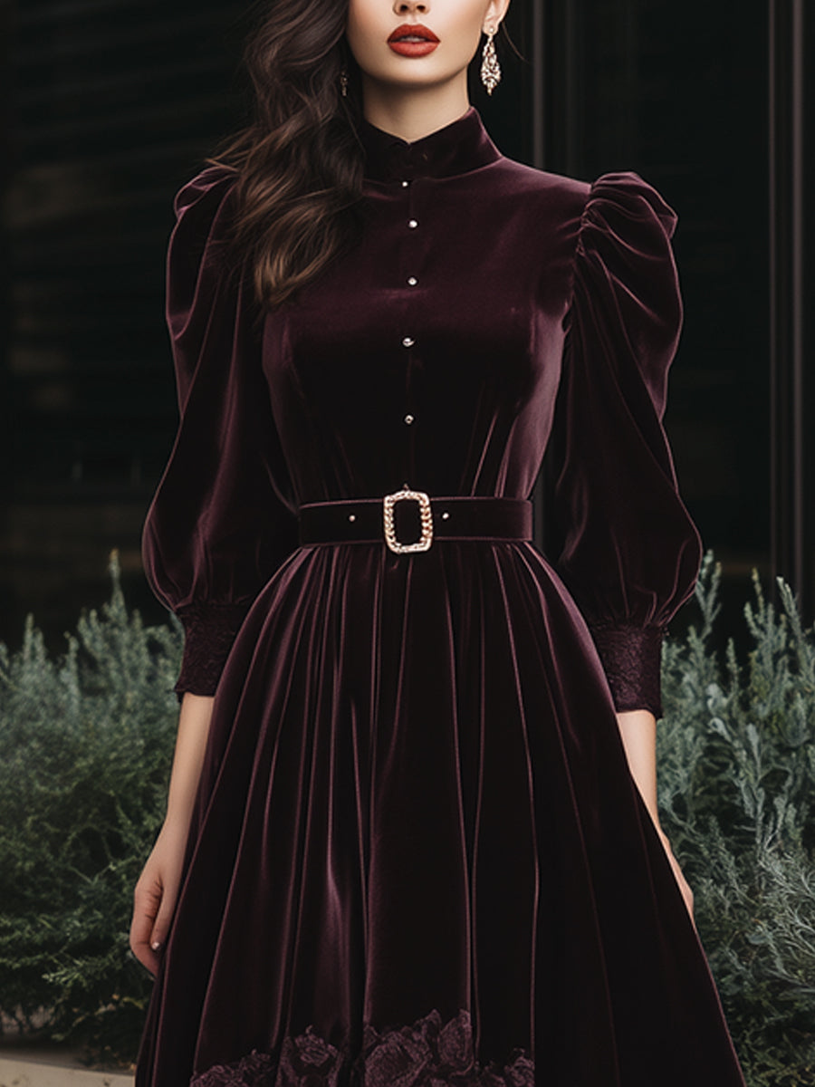 Luxurious Burgundy Velvet Belted Dress With Lace Trim