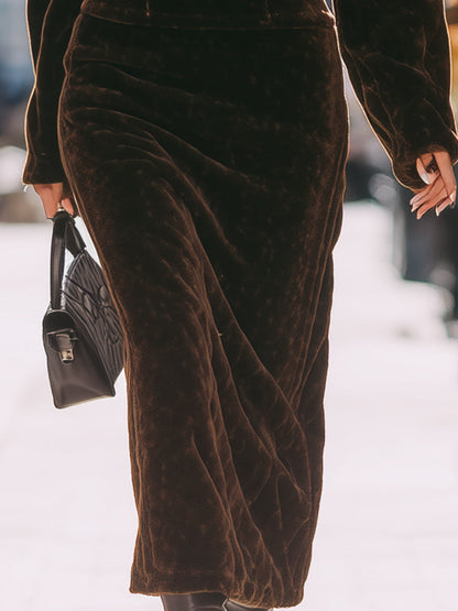 Chocolate Velvet Long Puff-Sleeve Midi Dress