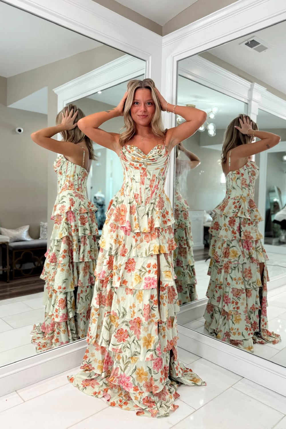 A Line Sweetheart Floral Chiffon Tiered Prom Dress with Slit