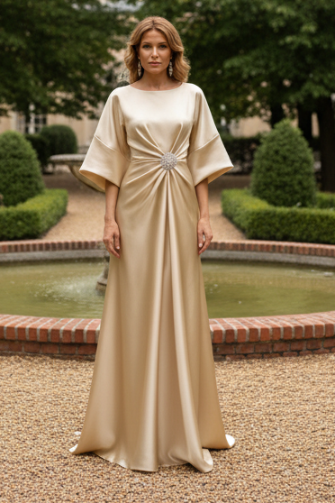 Regal A-Line Scoop 3/4 Sleeves Pleated Floor-Length Silk Like Satin Corset Mother of the Bride Dress
