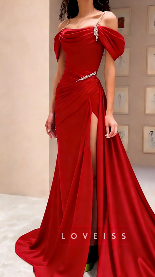 Off-Shoulder Strapless Pleated High Slit Sheath Prom Dress