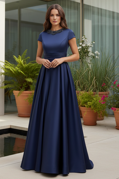 Navy Embellished Satin Mother of Bride Dress