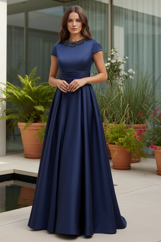 Navy Embellished Satin Mother of Bride Dress