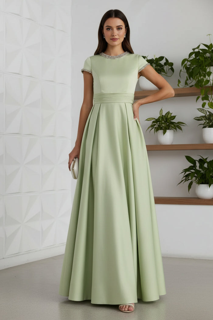 Scoop Short Sleeves Beaded A-Line Mother of Bride Dress