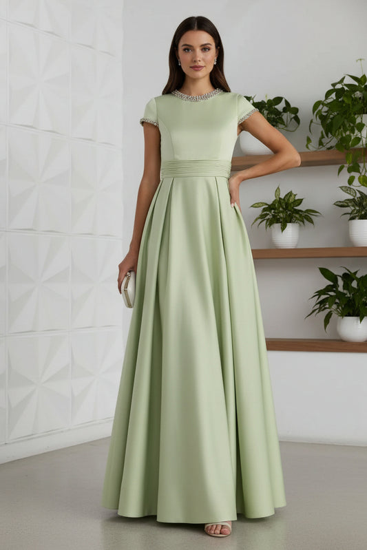 Scoop Short Sleeves Beaded A-Line Mother of Bride Dress