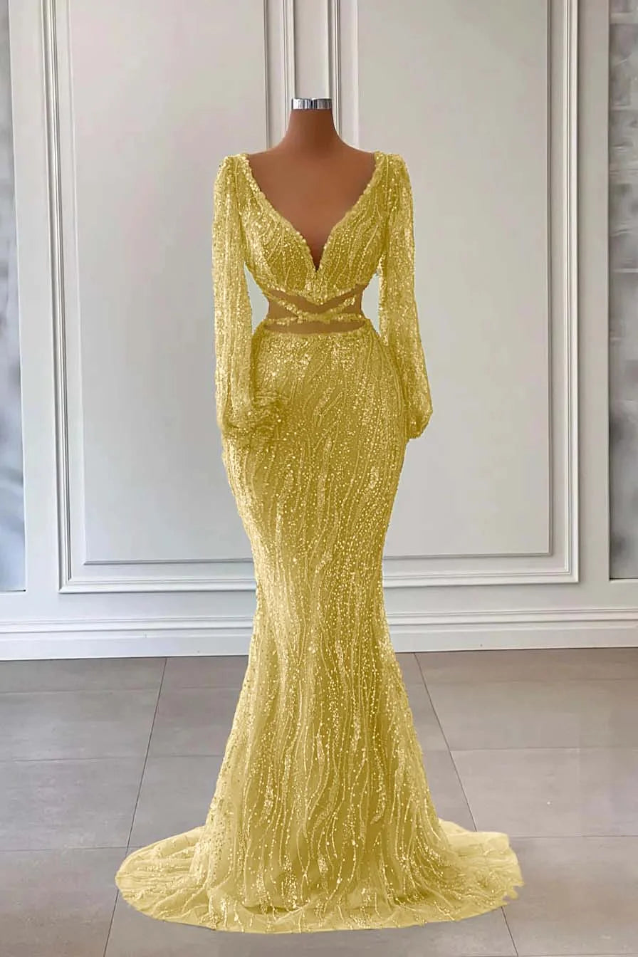 Light Green Long Sleeves V-Neck Mermaid Evening Dress With Sequins Beads