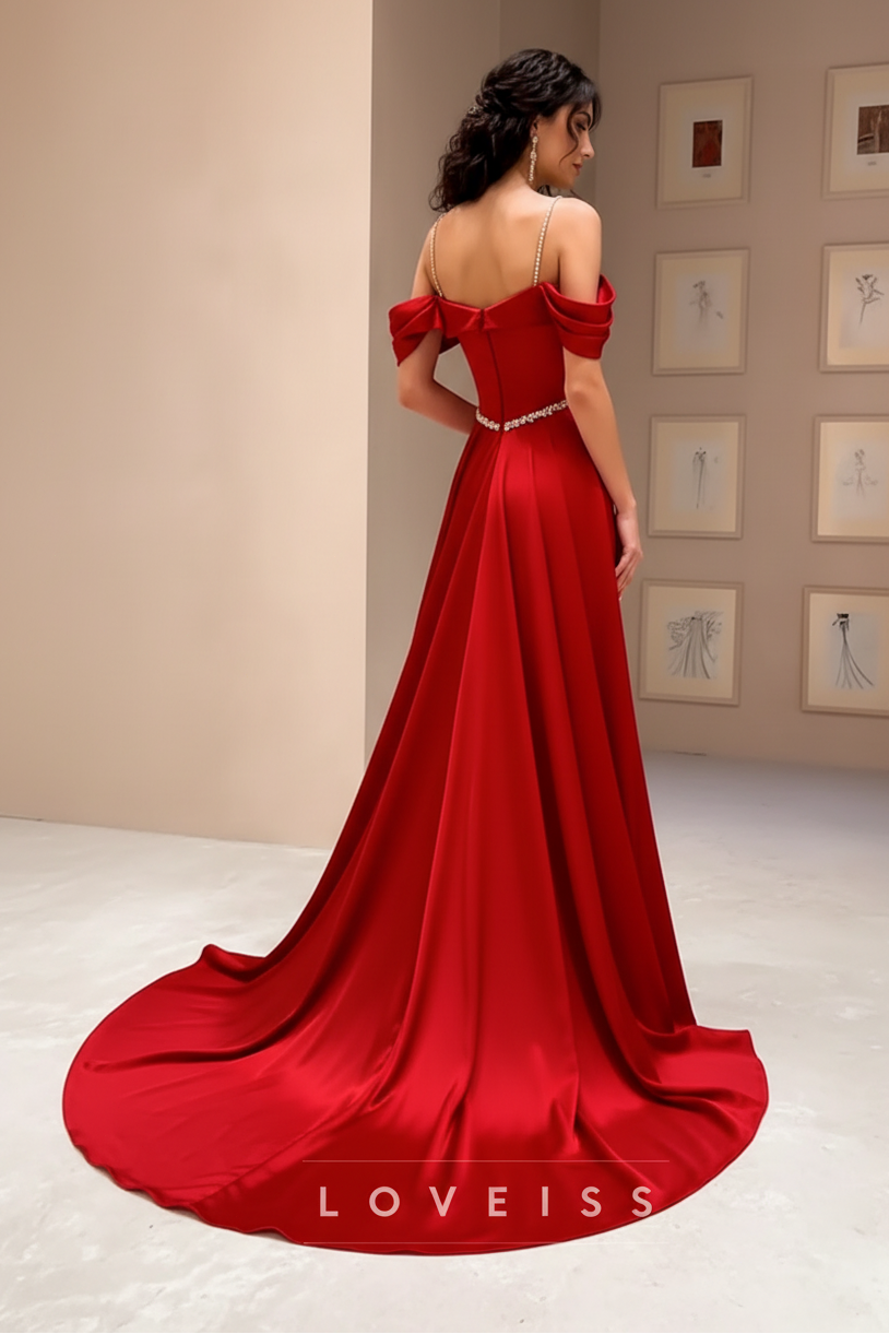 Off-Shoulder Strapless Pleated High Slit Sheath Prom Dress