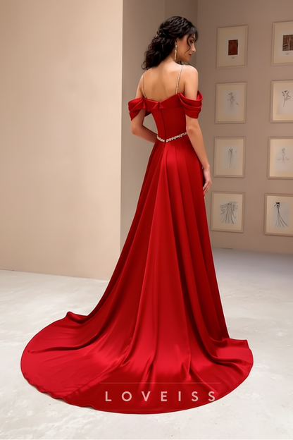 Off-Shoulder Strapless Pleated High Slit Sheath Prom Dress