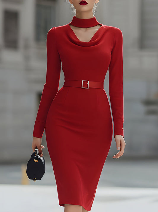 Glamorous Red Cowl Neck Cutout Belted Sheath Dress