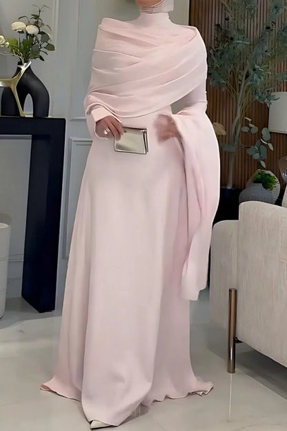 Pleated Draped Cape Long Train High Neck Long Sleeve Maxi Dresses-Pink