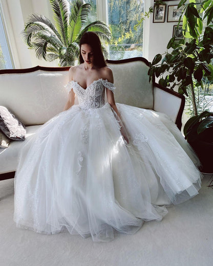 Charming Long A-line Tulle Wedding Dress With  Off-The-Shoulder