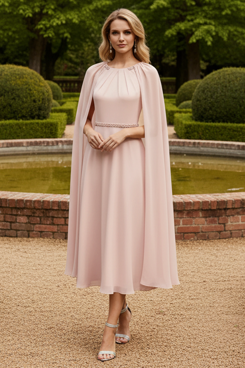 Flattering A-Line Scoop Pleated Tea-Length Chiffon Corset Mother of the Bride Dress