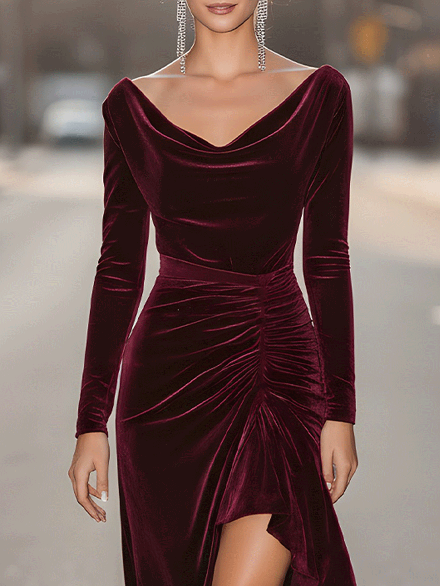 Burgundy Velvet Ruched Dress With High Slit