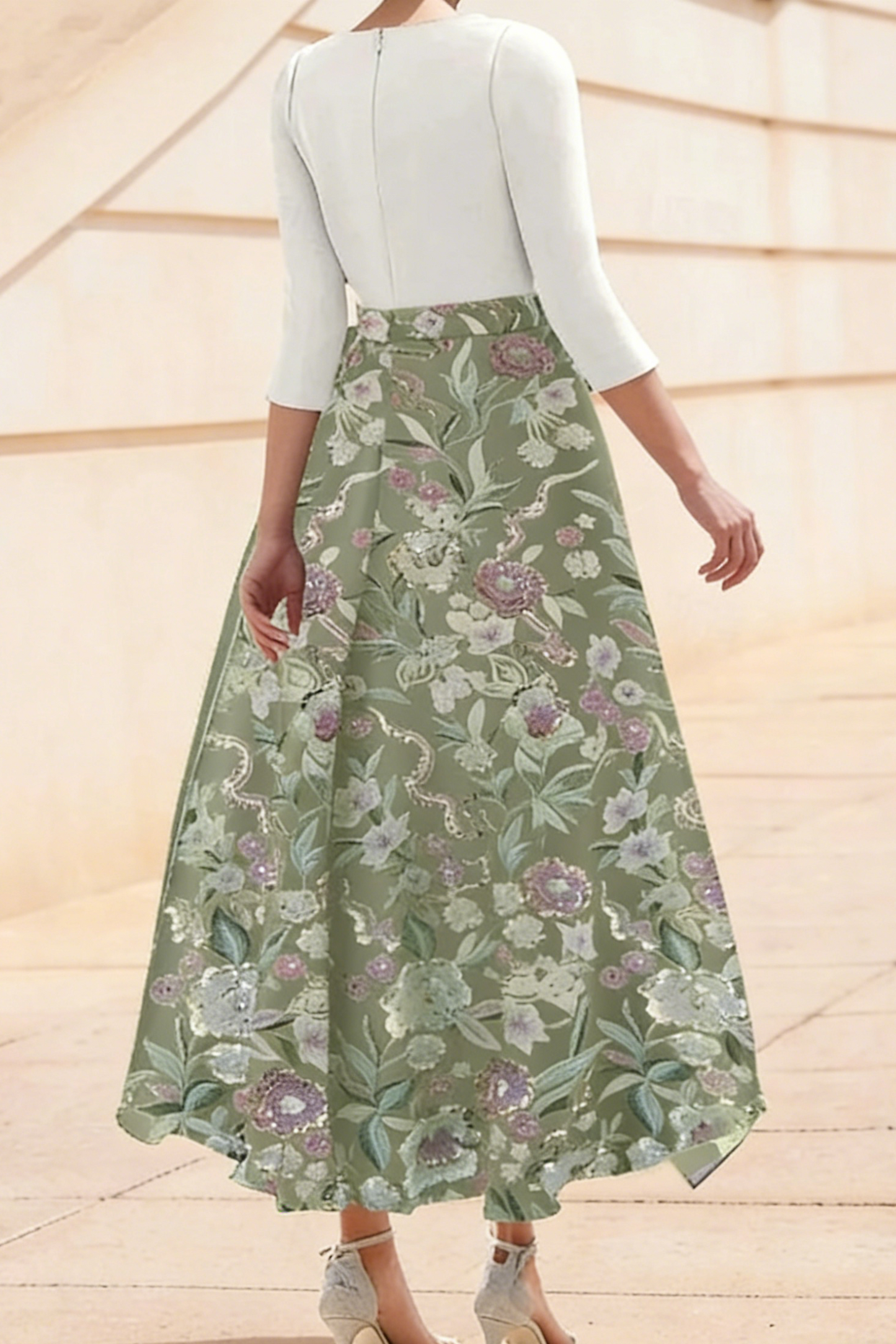 Impeccable A-Line V-Neck 3/4 Sleeves Flower Tea-Length Stretch Crepe Mother of the Bride Dress