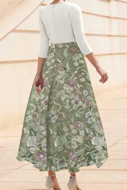 Impeccable A-Line V-Neck 3/4 Sleeves Flower Tea-Length Stretch Crepe Mother of the Bride Dress