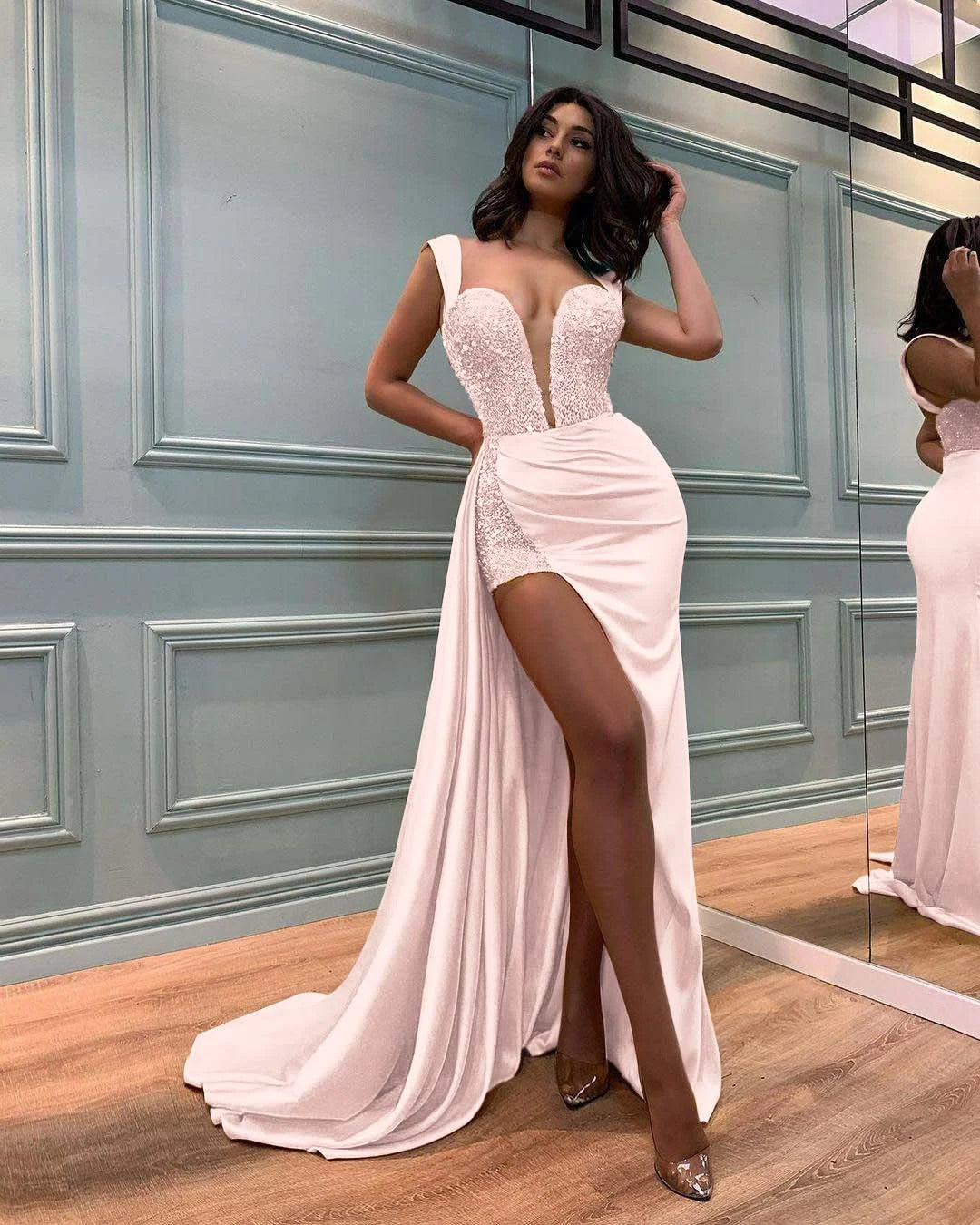 Stain Yellow Sequins Slit Prom Dress with Ruffles