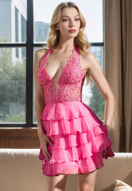 V-Neck Sleeveless Appliques Tiered A-Line Short Homecoming Dress