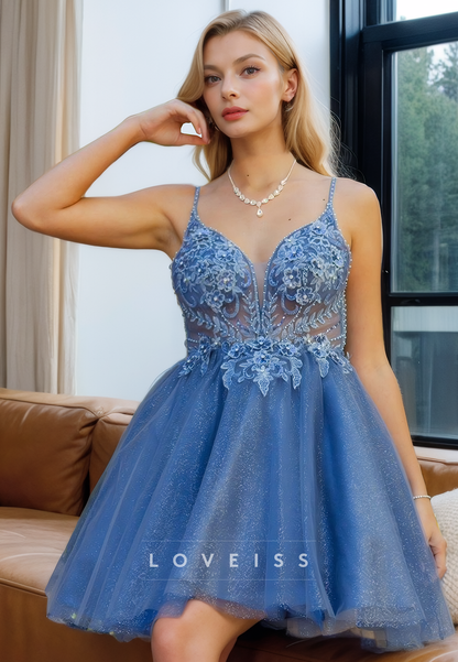 V-Neck Sleeveless Appliques A-Line Tulle Short Homecoming Dress