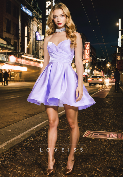 Sweetheart Sleeveless Pleated A-Line Satin Short Homecoming Dress