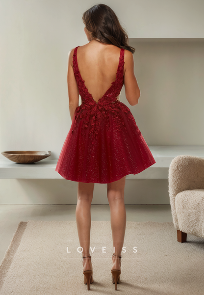 A Line V Neck Tulle Appliques Burgundy Homecoming Dress Open Back Short Graduation Dress