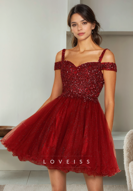 A Line Sweetheart Beads Burgundy Homecoming Dress Glitter Short Graduation Dress