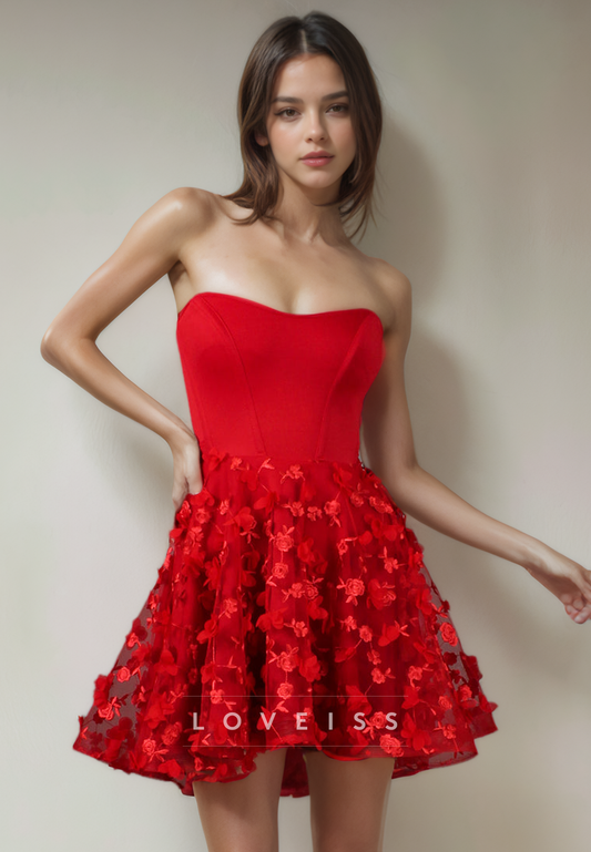 A Line Strapless Lace Red Homecoming Dress Short Graduation Dress