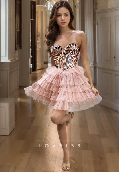 Sweetheart Sleeveless Sparkly Tulle A-Line Short Homecoming Dress