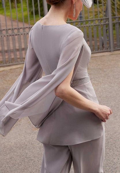 V-Neck Long Sleeves Chiffon Jumpsuit Mother of Bride Dress