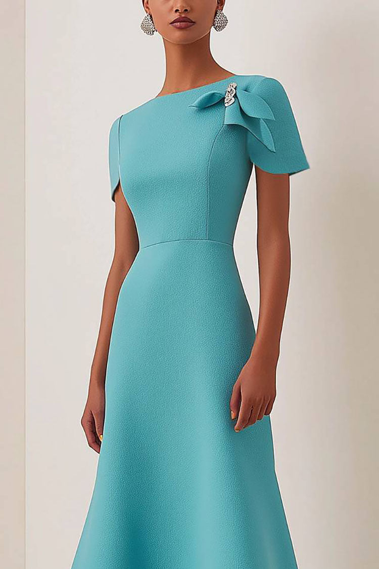 Wedding Guest Cyan Dress Asymmetrical Petal Sleeve Drape Midi Dress