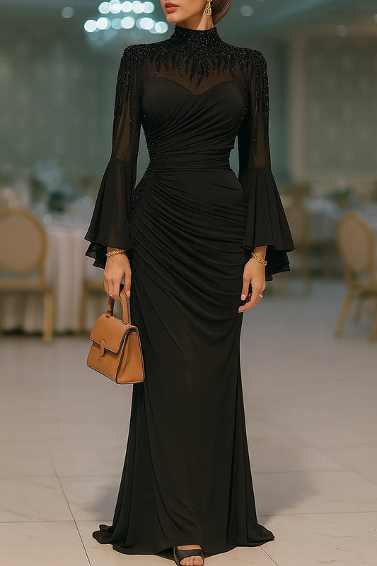 Sequin Embroidery Flare Sleeve Ruched Party Maxi Dresses