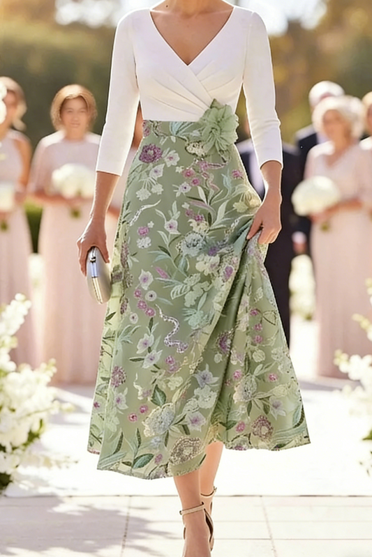 Impeccable A-Line V-Neck 3/4 Sleeves Flower Tea-Length Stretch Crepe Mother of the Bride Dress