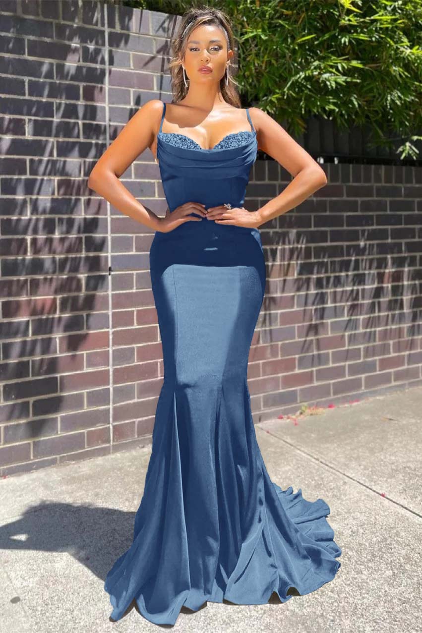 Lussooy Sleeveless Spaghetti-Straps Long Mermaid Prom Dress