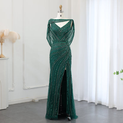 Luxury Beaded Silver Mermaid Evening Dress with Cape