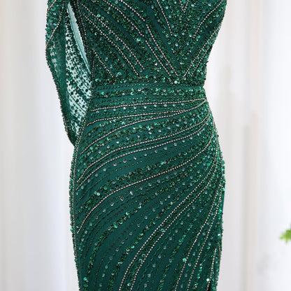 Luxury Beaded Silver Mermaid Evening Dress with Cape