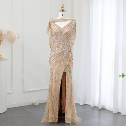 Luxury Beaded Silver Mermaid Evening Dress with Cape