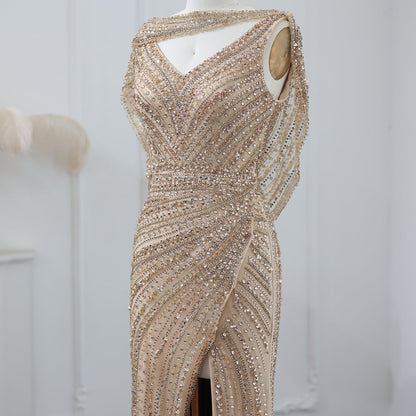 Luxury Beaded Silver Mermaid Evening Dress with Cape