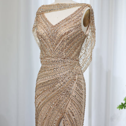 Luxury Beaded Silver Mermaid Evening Dress with Cape