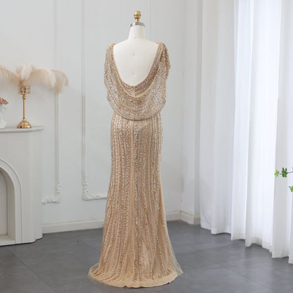 Luxury Beaded Silver Mermaid Evening Dress with Cape