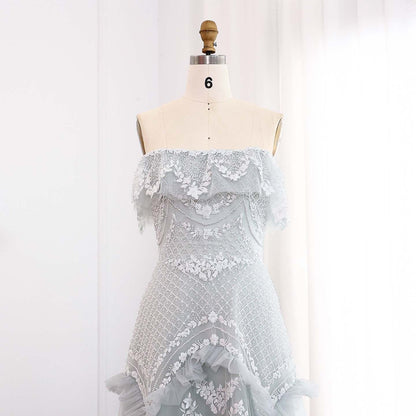 Luxury Pearls Silver Gray Off Shoulder A-Line Evening Dress
